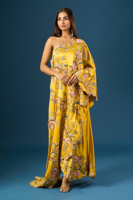 Shop Anamika Khanna Yellow Embroidery Asymmetric Mustard Kaftan Skirt Set Online at Aza Fashions Shop_Anamika Khanna_Yellow Embroidery Asymmetric Mustard Kaftan Skirt Set_Online_at_Aza_Fashions