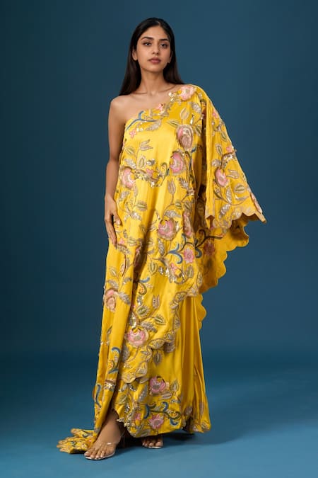 Anamika Khanna Yellow Embroidery Asymmetric Mustard Kaftan Skirt Set