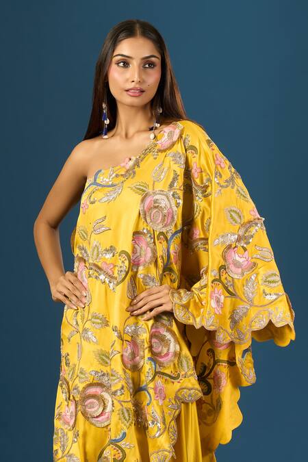 Anamika Khanna Yellow Embroidery Asymmetric Mustard Kaftan Skirt Set at Aza Fashions Anamika Khanna_Yellow Embroidery Asymmetric Mustard Kaftan Skirt Set_at_Aza_Fashions
