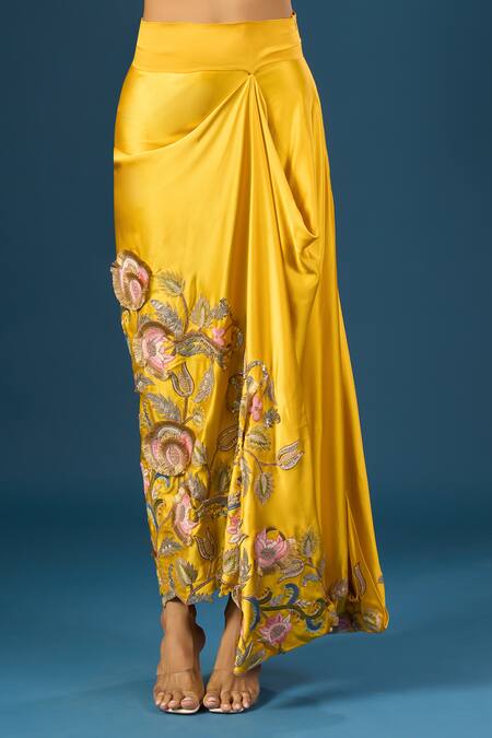 Buy Anamika Khanna Yellow Embroidery Asymmetric Mustard Kaftan Skirt Set Buy_Anamika Khanna_Yellow Embroidery Asymmetric Mustard Kaftan Skirt Set