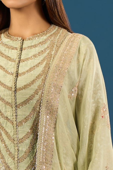 Buy_Anamika Khanna_Green Embroidery Round Neck Teal Kurta Set _Online_at_Aza_Fashions