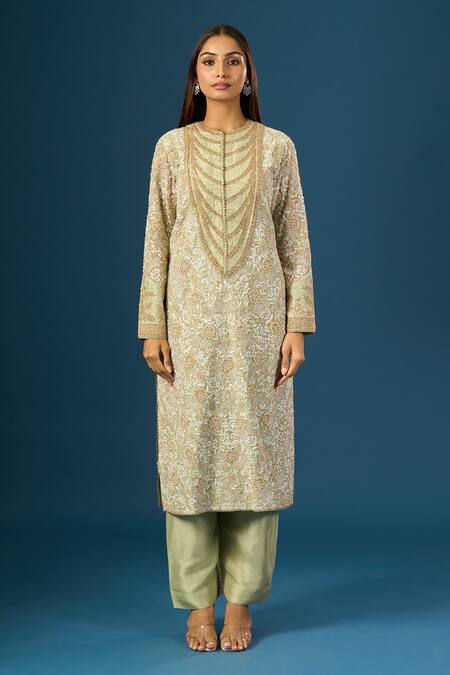 Anamika Khanna_Green Embroidery Round Neck Teal Kurta Set _at_Aza_Fashions