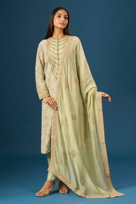 Buy_Anamika Khanna_Green Embroidery Round Neck Teal Kurta Set 