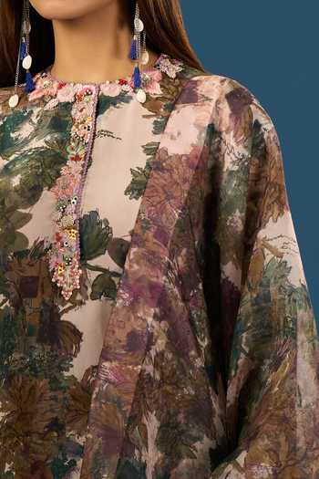 Anamika Khanna_Pink Embroidery Mandarin Collar Floral Print Baby Kurta Set _Online_at_Aza_Fashions