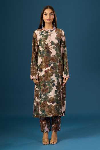 Buy_Anamika Khanna_Pink Embroidery Mandarin Collar Floral Print Baby Kurta Set _Online_at_Aza_Fashions