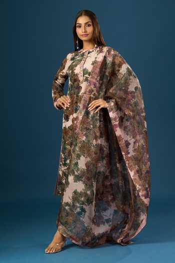 Buy_Anamika Khanna_Pink Embroidery Mandarin Collar Floral Print Baby Kurta Set 