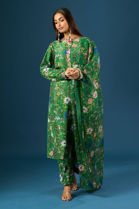Buy_Anamika Khanna_Emerald Green Embroidery Round Neck Floral Kurta Set 