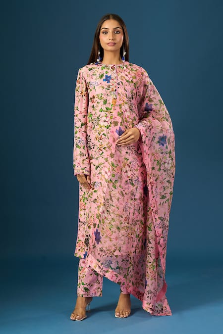 Buy Anamika Khanna Pink Embroidery Round Neck Floral Print Kurta Set Online at Aza Fashions Buy_Anamika Khanna_Pink Embroidery Round Neck Floral Print Kurta Set_Online_at_Aza_Fashions