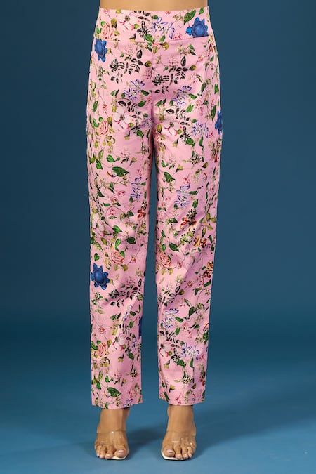 Shop Anamika Khanna Pink Embroidery Round Neck Floral Print Kurta Set Online at Aza Fashions Shop_Anamika Khanna_Pink Embroidery Round Neck Floral Print Kurta Set_Online_at_Aza_Fashions