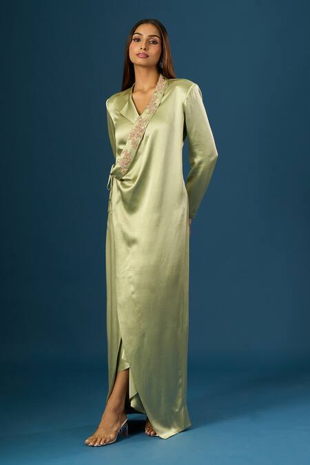Anamika Khanna_Green Satin Embroidery Jade Long Coat Set _Online_at_Aza_Fashions