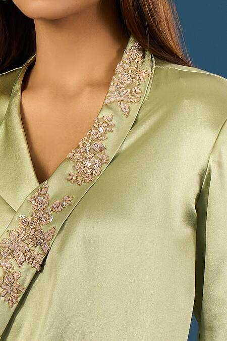 Buy_Anamika Khanna_Green Satin Embroidery Jade Long Coat Set _Online_at_Aza_Fashions