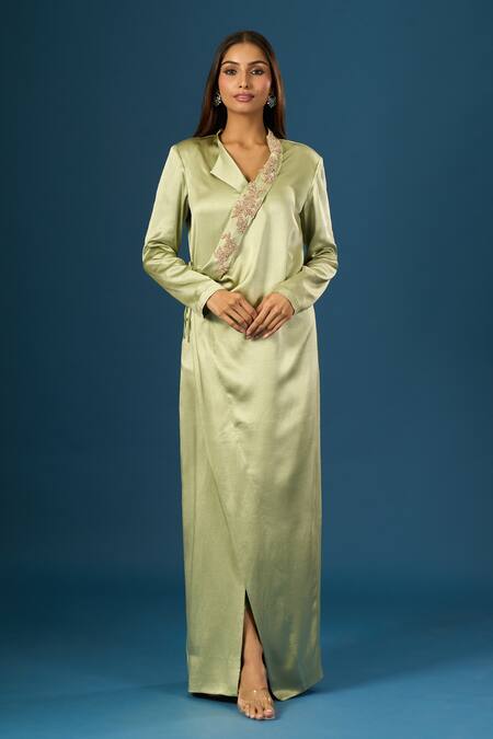 Shop_Anamika Khanna_Green Satin Embroidery Jade Long Coat Set _Online_at_Aza_Fashions