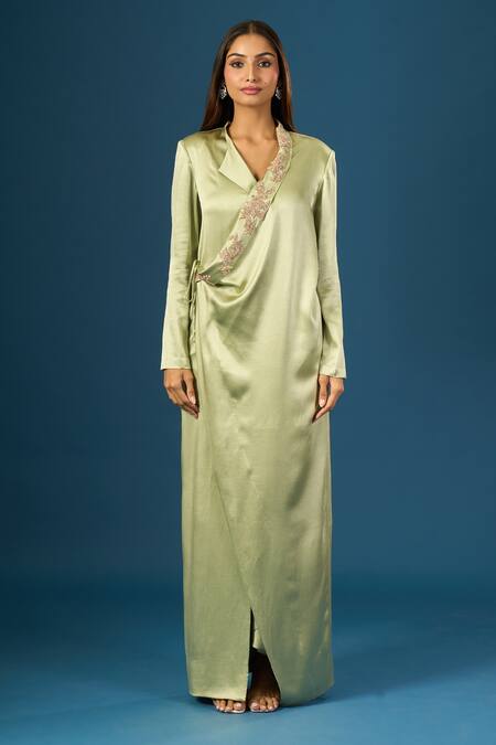 Anamika Khanna_Green Satin Embroidery Jade Long Coat Set _at_Aza_Fashions