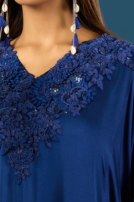 Anamika Khanna_Blue Embroidery V-neck Indigo Tunic Set _Online_at_Aza_Fashions