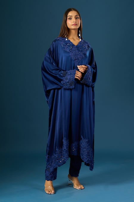 Buy_Anamika Khanna_Blue Embroidery V-neck Indigo Tunic Set _Online_at_Aza_Fashions