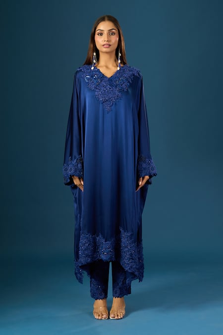 Shop_Anamika Khanna_Blue Embroidery V-neck Indigo Tunic Set _Online_at_Aza_Fashions