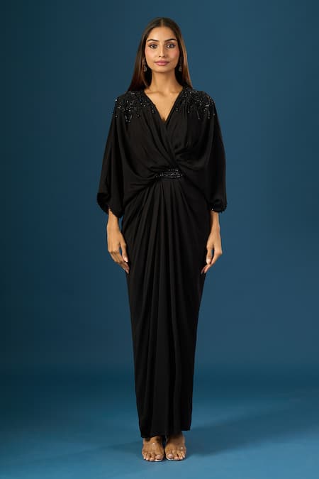 Tarun Tahiliani_Black Beads V-neck Embellished Dress _at_Aza_Fashions