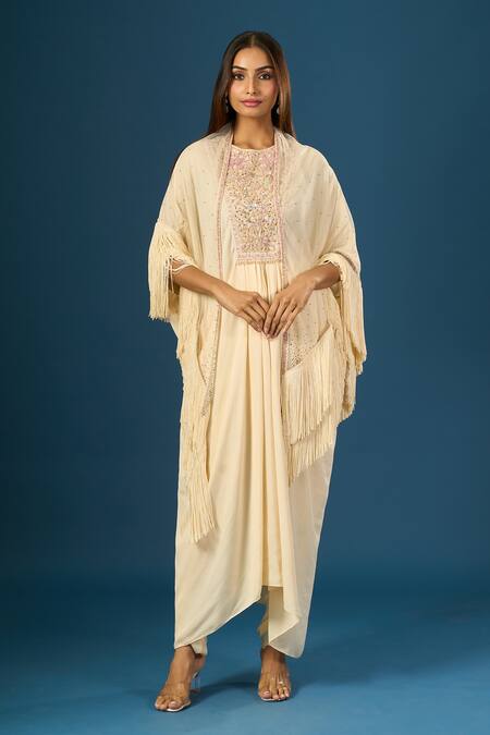 Tarun Tahiliani_Ivory Sequins, Embroidery, Beads Round Neck Kurta Trouser Set _at_Aza_Fashions