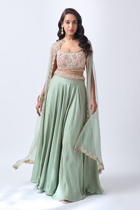 Shop Neha Mehta Couture Mint Organza, Silk Embroidery Round Neck Green Hand Sharara Set Online at Aza Fashions Shop_Neha Mehta Couture_Mint Organza, Silk Embroidery Round Neck Green Hand Sharara Set _Online_at_Aza_Fashions