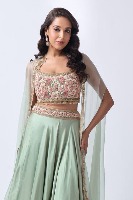 Buy Neha Mehta Couture Mint Organza, Silk Embroidery Round Neck Green Hand Sharara Set Buy_Neha Mehta Couture_Mint Organza, Silk Embroidery Round Neck Green Hand Sharara Set