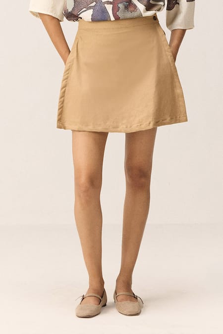 Kharakapas_Beige Cotton Clay Mul Skorts _Online_at_Aza_Fashions