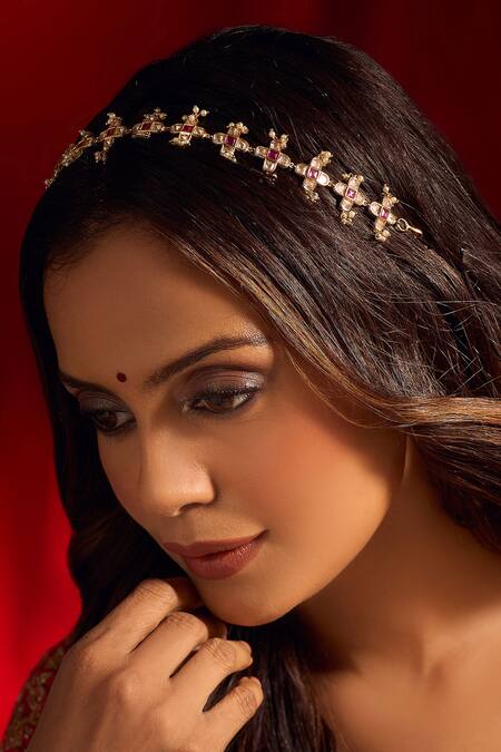 Buy_Nazaakat By Samara Singh_Red Kundan Ruby Pink Mathapatti _Online_at_Aza_Fashions