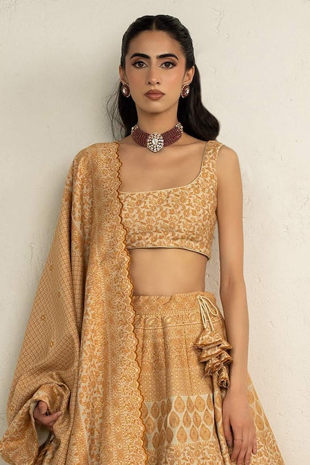 Shop Safaa Yellow Vegan Silk Sequins, Embroidery Round Neck Marigold Lenora Lehenga Set Online at Aza Fashions Shop_Safaa_Yellow Vegan Silk Sequins, Embroidery Round Neck Marigold Lenora Lehenga Set _Online_at_Aza_Fashions