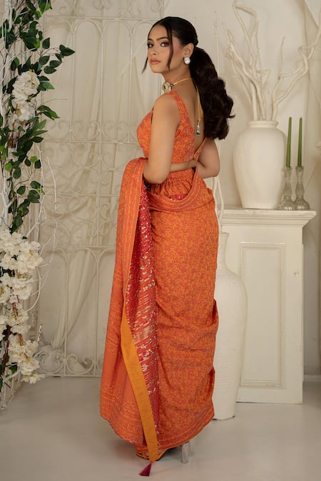 Shop_Safaa_Orange Shantoon V-neck Coraline Moonga Silk Saree Set _at_Aza_Fashions