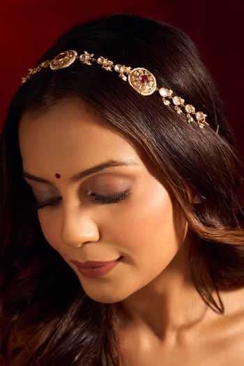 Shop_Nazaakat By Samara Singh_Red Ruby Kundan Brass Mathapatti _Online_at_Aza_Fashions
