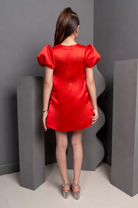Shop Hoity Moppet Red Satin Beads Emily Bow Embroidered Dress at Aza Fashions Shop_Hoity Moppet_Red Satin Beads Emily Bow Embroidered Dress _at_Aza_Fashions