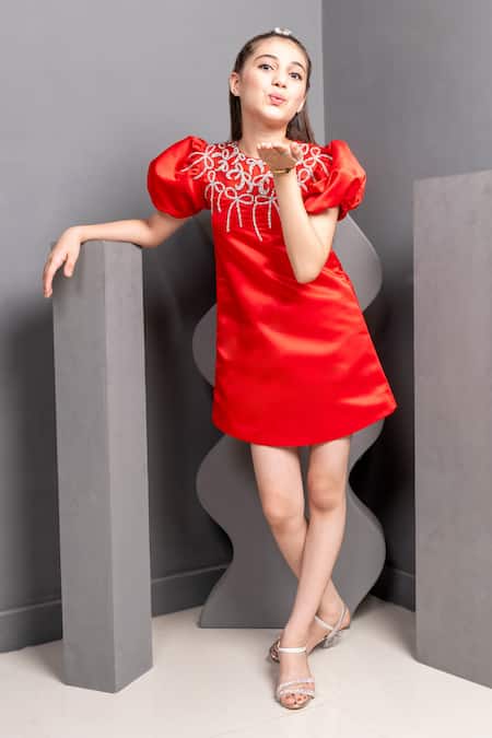 Shop Hoity Moppet Red Satin Beads Emily Bow Embroidered Dress Online at Aza Fashions Shop_Hoity Moppet_Red Satin Beads Emily Bow Embroidered Dress _Online_at_Aza_Fashions