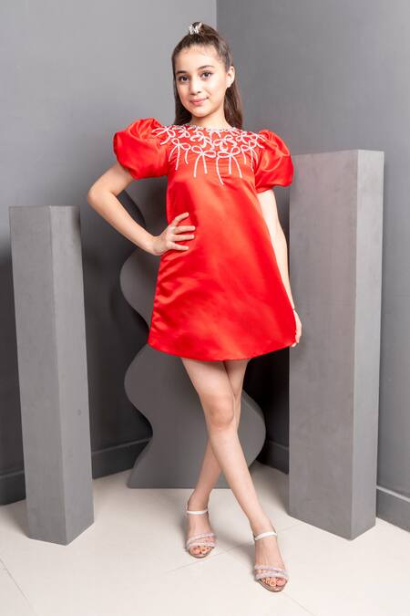 Hoity Moppet Red Satin Beads Emily Bow Embroidered Dress at Aza Fashions Hoity Moppet_Red Satin Beads Emily Bow Embroidered Dress _at_Aza_Fashions