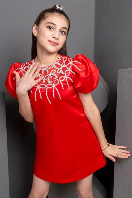 Buy Hoity Moppet Red Satin Beads Emily Bow Embroidered Dress Buy_Hoity Moppet_Red Satin Beads Emily Bow Embroidered Dress