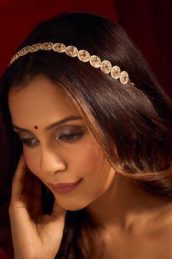 Shop_Nazaakat By Samara Singh_Green Kundan Work Brass Mathapatti _Online_at_Aza_Fashions