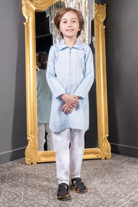 Hoity Moppet Sky Blue Linen, Cotton Metallic Thread Kurta Set 