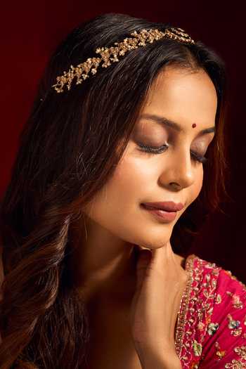 Shop_Nazaakat By Samara Singh_Green Kundan Work Brass Mathapatti _Online_at_Aza_Fashions