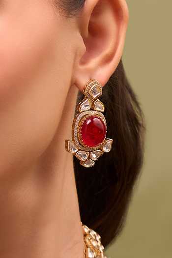 Shop_Nazaakat By Samara Singh_Red Zari Ruby Kundan Necklace And Earrings Set 