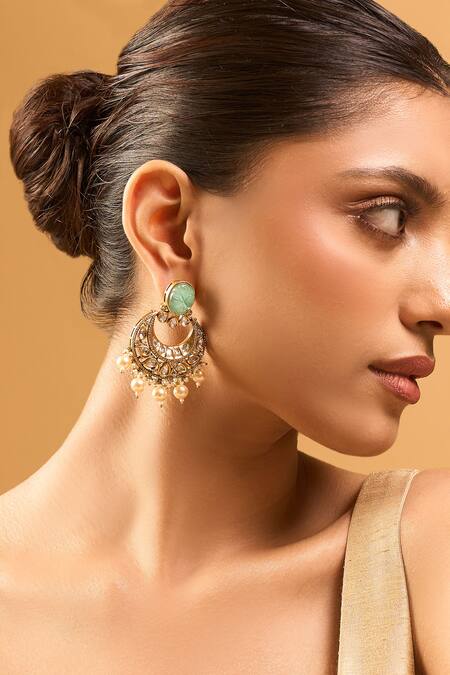 Nazaakat By Samara Singh_Mint Zari Kundan Green Earrings _at_Aza_Fashions