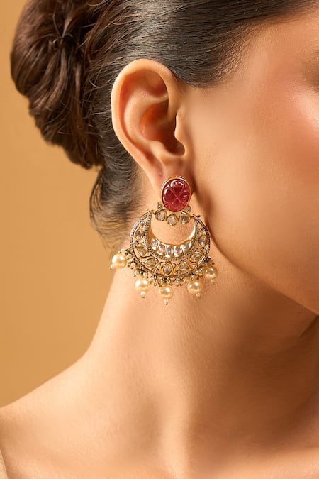 Shop_Nazaakat By Samara Singh_Pink Pearls Kundan Ruby Earrings _Online_at_Aza_Fashions