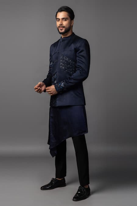 Buy PAARSH Blue Linen, Satin Cut Work, Embroidery Navy Cutdana Prince Coat Set Buy_PAARSH_Blue Linen, Satin Cut Work, Embroidery Navy Cutdana Prince Coat Set