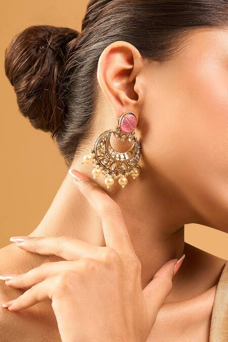 Shop_Nazaakat By Samara Singh_Pink Zari Kundan Brass Earrings _Online_at_Aza_Fashions