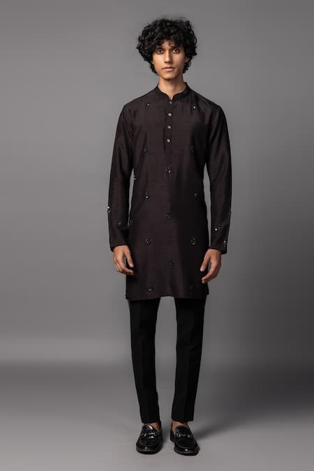 PAARSH Brown Bamboo Sequins, Beads, Embroidery Floral Kurta Set 
