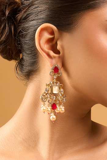 Nazaakat By Samara Singh_Red Zari Ruby Kundan Earrings _at_Aza_Fashions