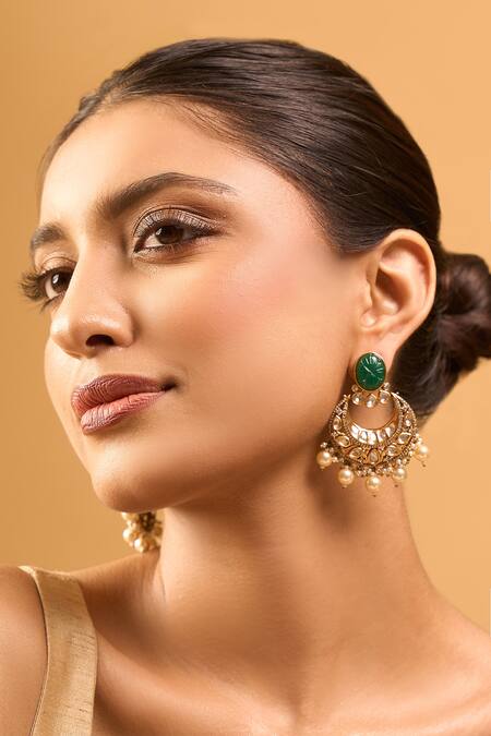 Nazaakat By Samara Singh_Green Zari Kundan Brass Earrings _at_Aza_Fashions