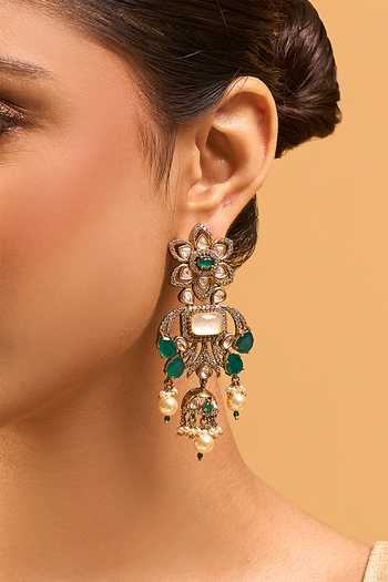 Shop_Nazaakat By Samara Singh_Green Zari Kundan Brass Earrings _Online_at_Aza_Fashions