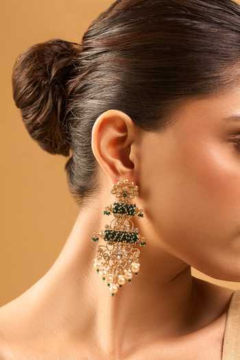 Shop Nazaakat By Samara Singh Green Zari, Pearls Kundan Earrings Online at Aza Fashions Shop_Nazaakat By Samara Singh_Green Zari, Pearls Kundan Earrings _Online_at_Aza_Fashions