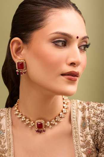 Buy_Nazaakat By Samara Singh_Red Zari Ruby Kundan Necklace And Earring Set 