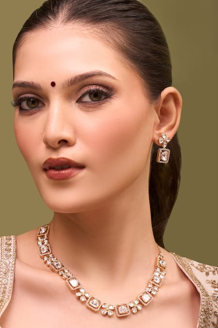 Buy_Nazaakat By Samara Singh_White Zari Kundan Brass Necklace And Earring Set _Online_at_Aza_Fashions