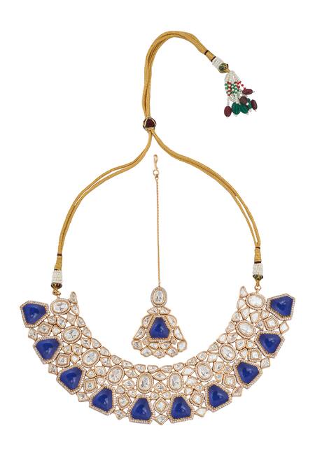 Nazaakat By Samara Singh_Blue Zari Kundan Brass Jewelry Set _at_Aza_Fashions