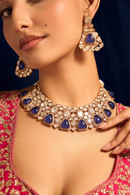 Buy_Nazaakat By Samara Singh_Blue Zari Kundan Brass Jewelry Set 